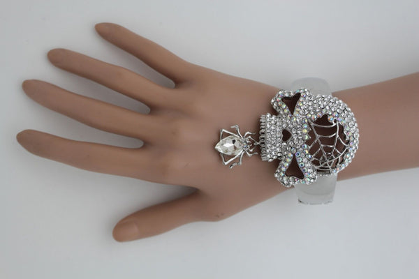 Silver Metal Hand Cuff Bracelet Skeleton Skull Pirate Spider Web Women Fashion Accessories