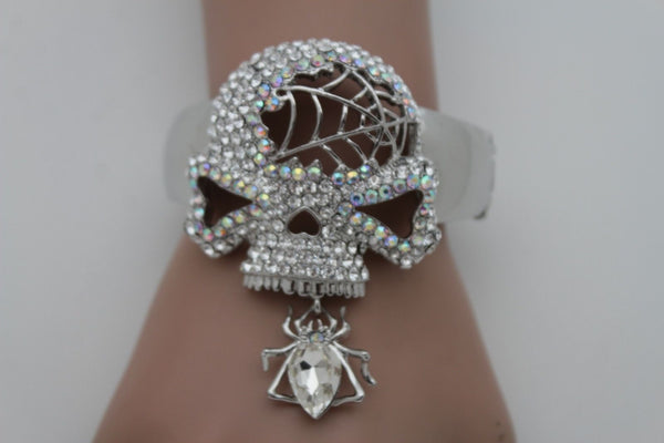 Silver Metal Hand Cuff Bracelet Skeleton Skull Pirate Spider Web Women Fashion Accessories