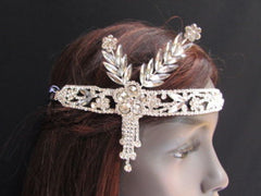 Silver Metal Head Chain Long Leaves Rhinestones Jewelry Hair