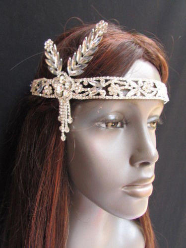 Silver Metal Head Chain Long Leaves Rhinestones New Women Fashion Jewelry Hair Accessories