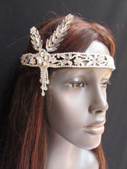Silver Metal Head Chain Long Leaves Rhinestones Jewelry Hair