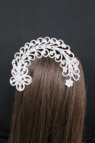 Silver Metal Head Pin Long Big Flower Leaves Rhinestone New Women Fashion Jewelry Accessories