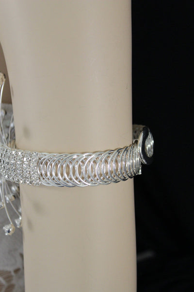 Silver Metal High Upper Arm Cuff Bracelet Rhinestones Fancy Flower Women Accessories
