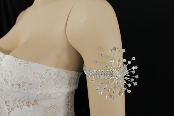 Silver Metal High Upper Arm Cuff Bracelet Rhinestones Fancy Flower Women Accessories
