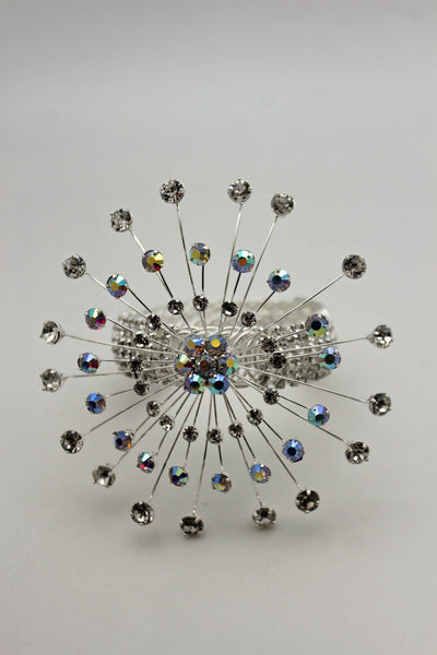Silver Metal High Upper Arm Cuff Bracelet Rhinestones Fancy Flower Women Accessories