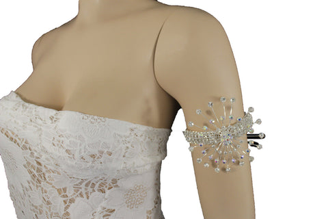 Silver Metal High Upper Arm Cuff Bracelet Rhinestones Fancy Flower Women Accessories