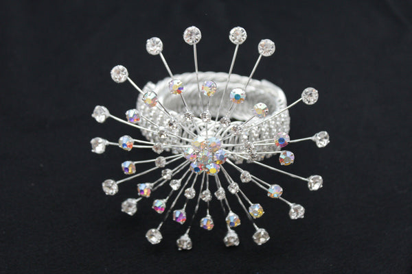 Silver Metal High Upper Arm Cuff Bracelet Rhinestones Fancy Flower Women Accessories