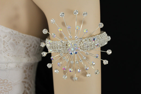 Silver Metal High Upper Arm Cuff Bracelet Rhinestones Fancy Flower Women Accessories