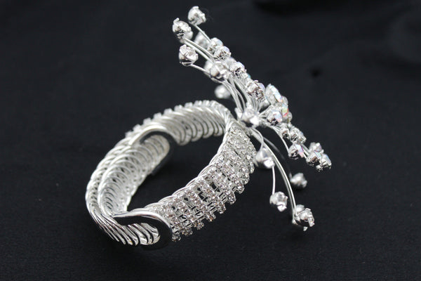 Silver Metal High Upper Arm Cuff Bracelet Rhinestones Fancy Flower Women Accessories