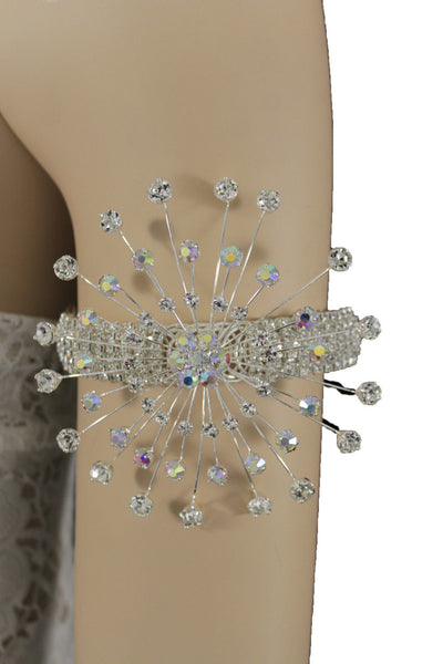 Silver Metal High Upper Arm Cuff Bracelet Rhinestones Fancy Flower Women Accessories