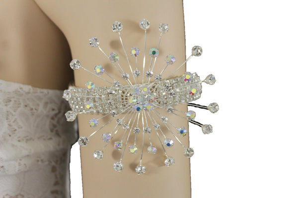 Silver Metal High Upper Arm Cuff Bracelet Rhinestones Fancy Flower Women Accessories