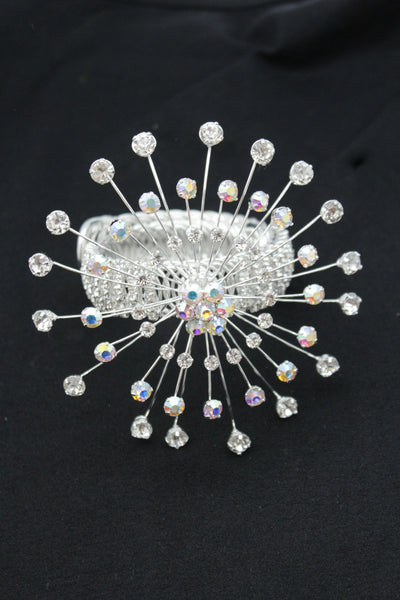 Silver Metal High Upper Arm Cuff Bracelet Rhinestones Fancy Flower Women Accessories