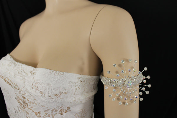 Silver Metal High Upper Arm Cuff Bracelet Rhinestones Fancy Flower Women Accessories