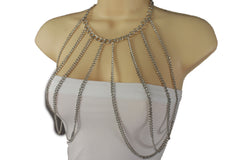 Silver Metal Multi Waves Top Body Chains Long Necklace Sexy Bra