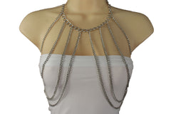 Silver Metal Multi Waves Top Body Chains Long Necklace Sexy Bra