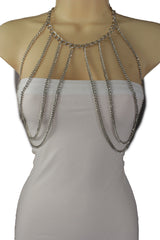 Silver Metal Multi Waves Top Body Chains Long Necklace Sexy Bra