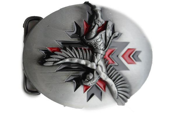 Silver Metal Native American Indian Dance Warrior Oval Belt Buckle Men Women Fashion Accessories