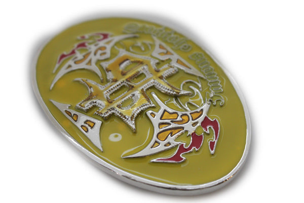 Silver Metal Oval Yellow Famous Choppers Western Motorcycle Biker Belt Buckle Men Accessories