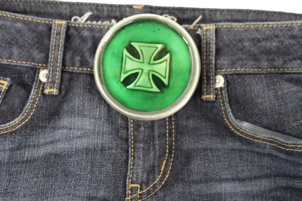 Silver Metal Round Gothic Iron Cross Heavy Green Belt  Buckle New Men Fashion Accessories