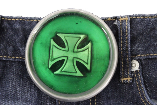 Silver Metal Round Gothic Iron Cross Heavy Green Belt  Buckle New Men Fashion Accessories