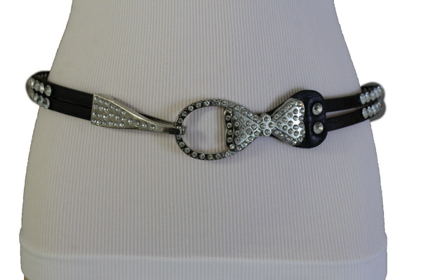Silver Metal Western Skinny Black Belt Bow Double Bling Buckle Women Accessories S M L XL
