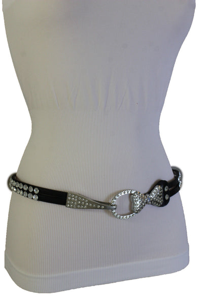 Silver Metal Western Skinny Black Belt Bow Double Bling Buckle Women Accessories S M L XL
