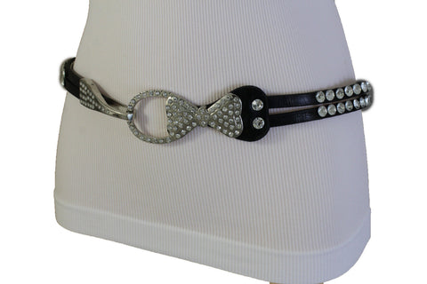 Silver Metal Western Skinny Black Belt Bow Double Bling Buckle Women Accessories S M L XL