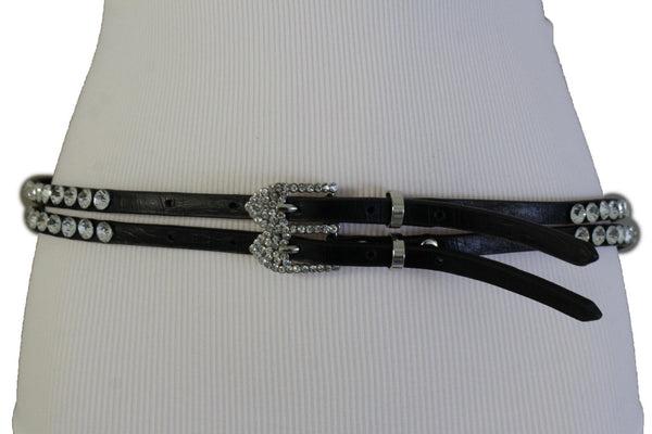 Silver Metal Western Skinny Black Belt Bow Double Bling Buckle Women Accessories S M L XL
