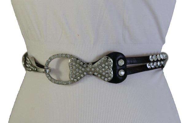 Silver Metal Western Skinny Black Belt Bow Double Bling Buckle Women Accessories S M L XL