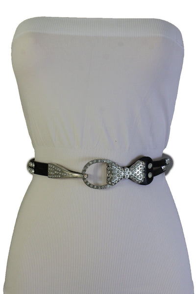 Silver Metal Western Skinny Black Belt Bow Double Bling Buckle Women Accessories S M L XL