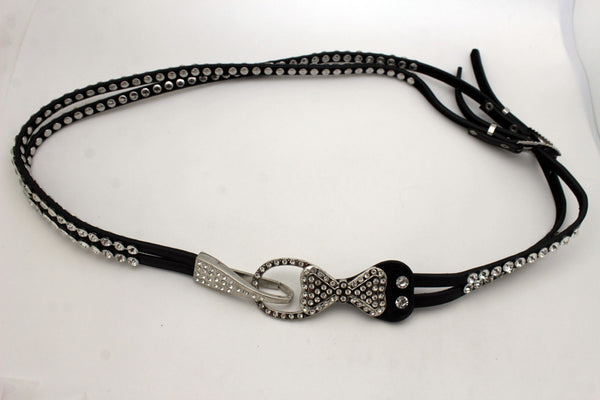 Silver Metal Western Skinny Black Belt Bow Double Bling Buckle Women Accessories S M L XL