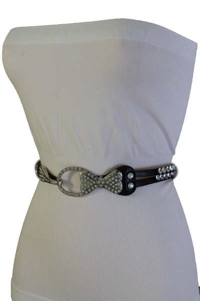 Silver Metal Western Skinny Black Belt Bow Double Bling Buckle Women Accessories S M L XL