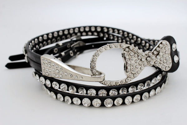 Silver Metal Western Skinny Black Belt Bow Double Bling Buckle Women Accessories S M L XL