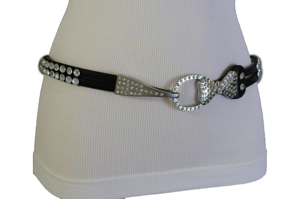 Silver Metal Western Skinny Black Belt Bow Double Bling Buckle Women Accessories S M L XL