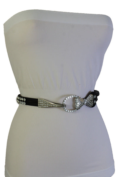 Silver Metal Western Skinny Black Belt Bow Double Bling Buckle Women Accessories S M L XL