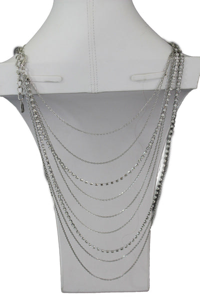 Silver Metal Wide Chain Wave Neck Back Front Long Necklace New Women Fashion Jewelry Accessories