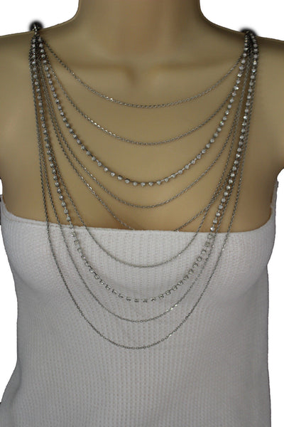 Silver Metal Wide Chain Wave Neck Back Front Long Necklace New Women Fashion Jewelry Accessories
