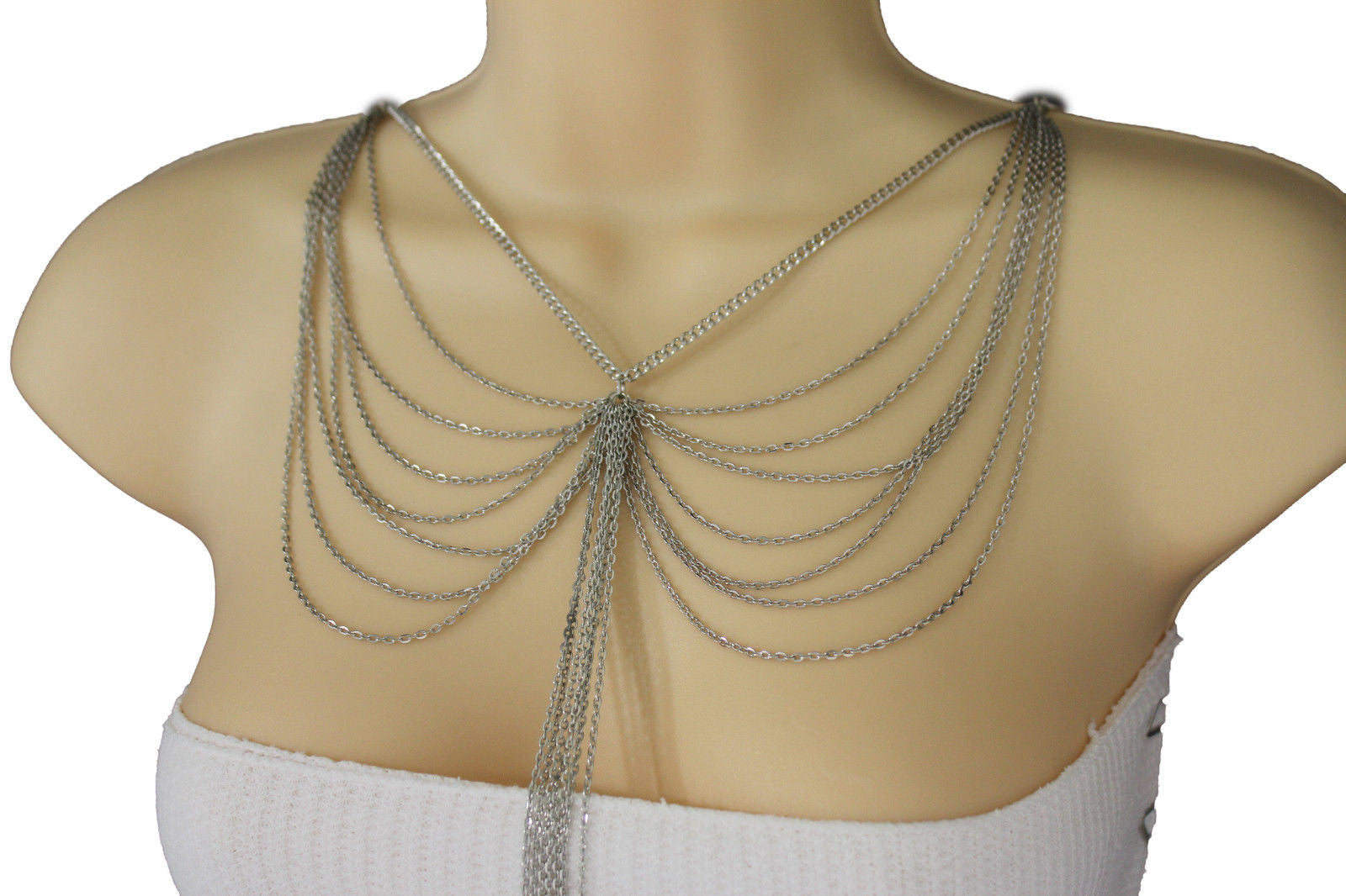 Silver Metal Wide Chain Wave Neck Back Front Long Necklace
