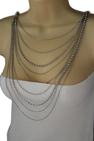 Silver Metal Wide Chain Wave Neck Back Front Long Necklace New Women Fashion Jewelry Accessories