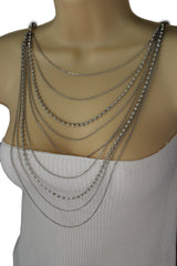 Silver Metal Wide Chain Wave Neck Back Front Long Necklace