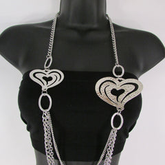 Silver Or Gold Metal Chains Multi Strands 2 Thin Hearts Long Necklace