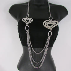 Silver Or Gold Metal Chains Multi Strands 2 Thin Hearts Long Necklace