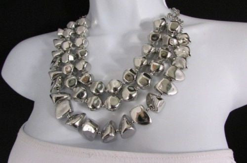Silver Chain Plastic Beads 3 Strands  20" Long Shiny Necklace Earring New Women Fashion Accessories