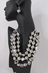 Silver Chain Plastic Beads 3 Strands 20" Long Shiny Necklace Earring