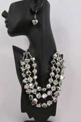 Silver Chain Plastic Beads 3 Strands 20" Long Shiny Necklace Earring