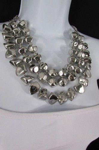 Silver Chain Plastic Beads 3 Strands  20" Long Shiny Necklace Earring New Women Fashion Accessories