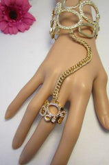 Gold Silver Wide Metal Hand Chain Cuff Bracelet Rain Drops Oval Multi Rhinestones