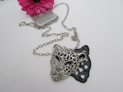 Ny Chic Women Silver Black Leopard Necklace Tiger Head Pendant Rhinestones Long - alwaystyle4you - 4