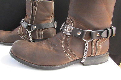 Silver Boot Chain Bracelet Pair Black Leather Straps Rose Flowers New Western Women Men