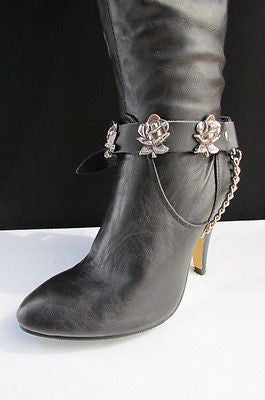 Silver Boot Chain Bracelet Pair Black Leather Straps Rose Flowers New Western Women Men - alwaystyle4you - 2